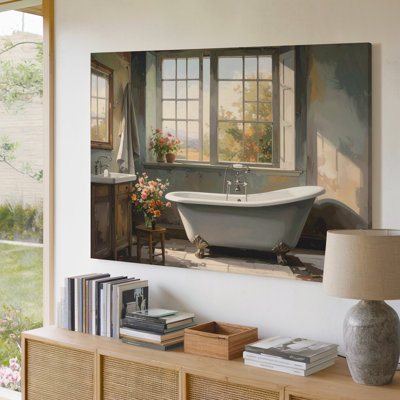 Canvas Wall Art An Artistic Vintage Style Bathroom Scene Featuring A Freestanding Bathtub Under Soft Premium Quality Ready To Hang