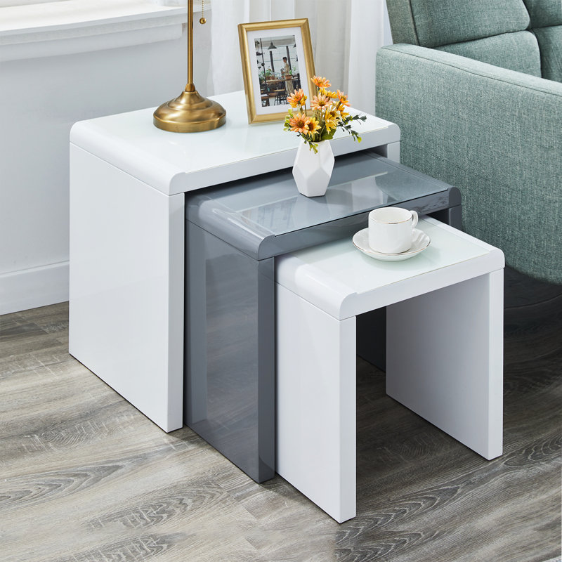 Espartaco High Gloss Glass Top 3 - Piece Nesting Coffee Table/Side Table, Grey & White
