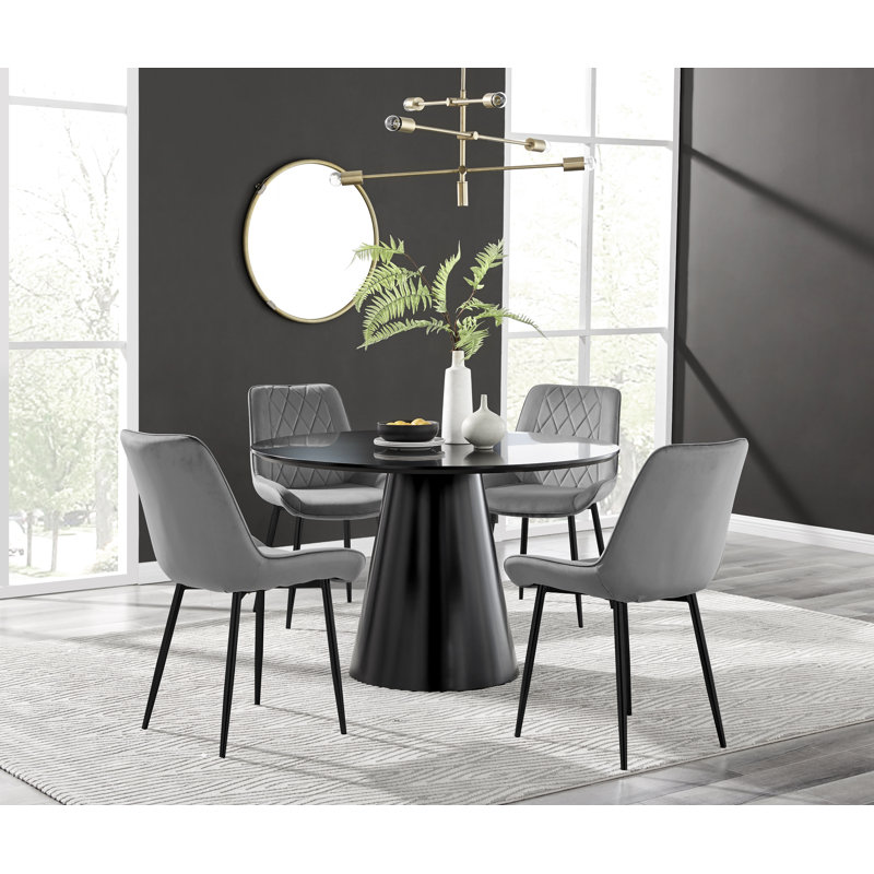 Edward Statement Pedestal Dining Table Set with 4 Luxury Velvet Upholstered Dining Chairs, Black, 5 Pieces: Table, 4 Chairs