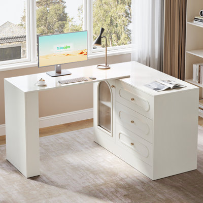 78" Modern White Reversible Computer Desk with Drawers and Storage Cabinet