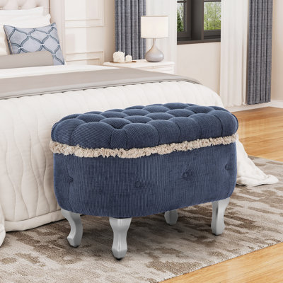 Bancs de rangement de 29,5 po, banc de bout de lit avec capitonnage à boutons, repose-pieds de rangement rembourré en tissu, banc de fenêtre avec frange, banc de rangement pour chaussures, banc de pied de lit pour la chambre à coucher, vestibule, vestiaire, bleu