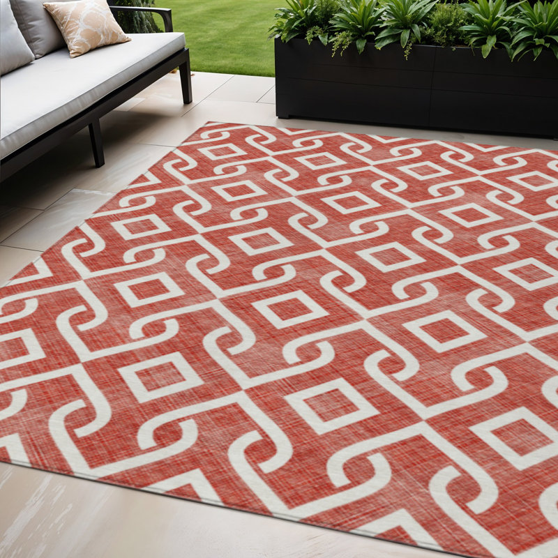 Tapis intérieur / extérieur géométrique lavable 5 pi x 8 pi rouge et ivoire