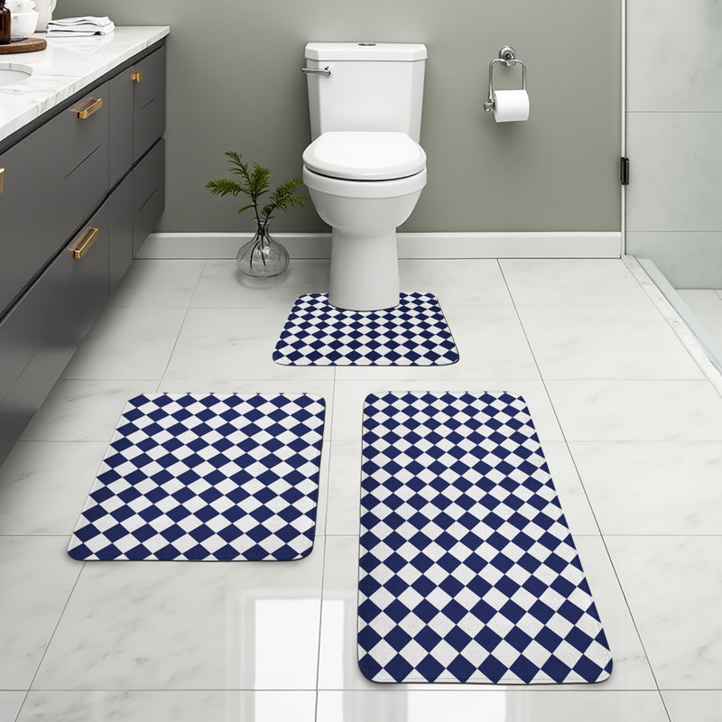  Blue Bathroom Rug Set 3 Pieces U-Shape & Rectangle Mats Navy Blue and White