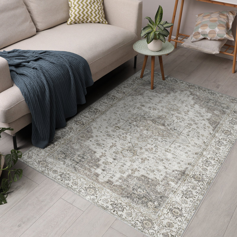 Gray Rectangular Washable Chenille Area Rug with Stain-Resistant Synthetic Fibers