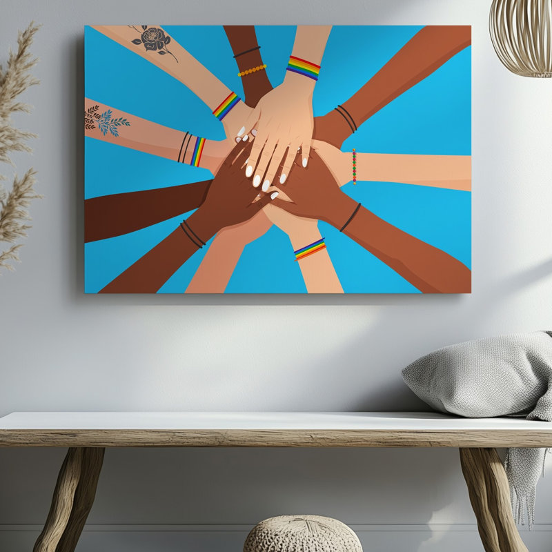 Toile, "Vibrant Illustration" mettant en vedette des mains diverses qui se rassemblent dans un art mural, formation circulaire contre un bleu vif, art sur toile