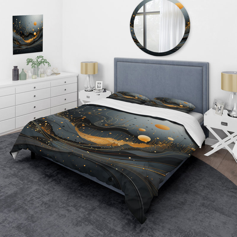 Ensemble de housse de couette en marbre abstrait doré et gris Fusion III, Housse de couette pour grand lit et 2 taies décor