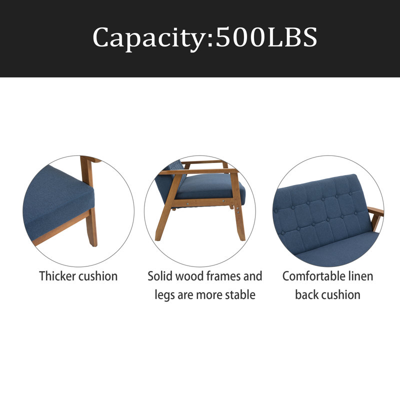 Mid-Century Modern Solid Loveseat Sofa, Blue Linen