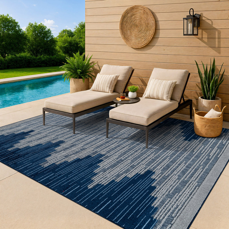 Geometric Navy/Blue Indoor/Outdoor High-Low Area Rug, Rectangle 7'10" x 10'