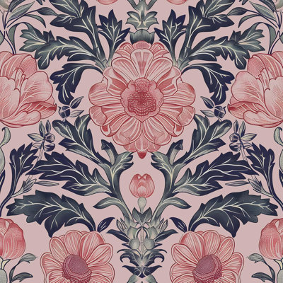 Papier peint floral extra-long rose pelez et collez, papiers peints botaniques Boho de 17,5 po x 393 po, papier contact vinyle rétro pour bibliothèque de salle de bain pour fille, papier peint damassé de fleurs amovible