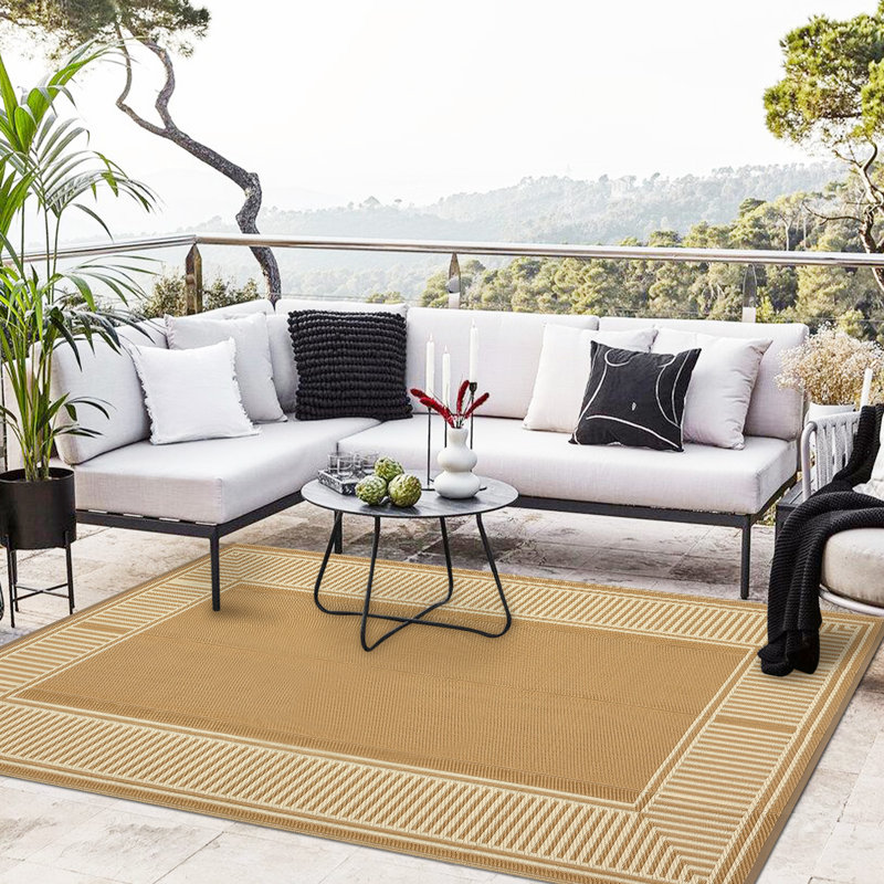 Waterproof Reversible Outdoor Area Rug 10x20ft - Brown Plastic Straw Mat - UV Resistant, Collapsible, Easy Clean - Modern Striped Design - For Patio, Garden, Camping, RV - Brown Coffee