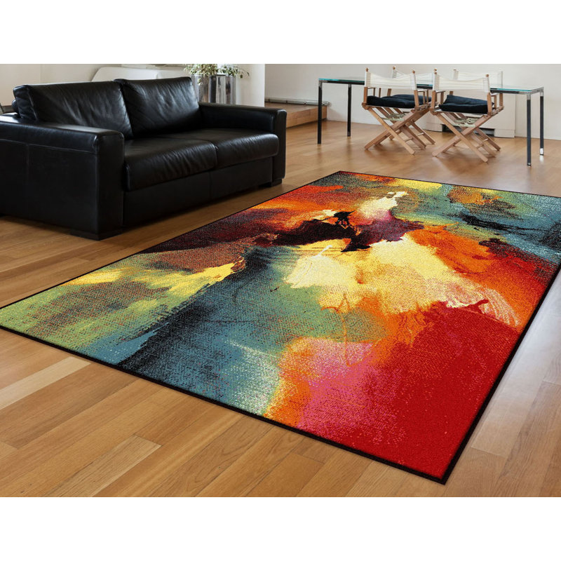 Kayaan Abstract Crimson/Aqua Area Rug, Rectangle 5'3" x 7'3"