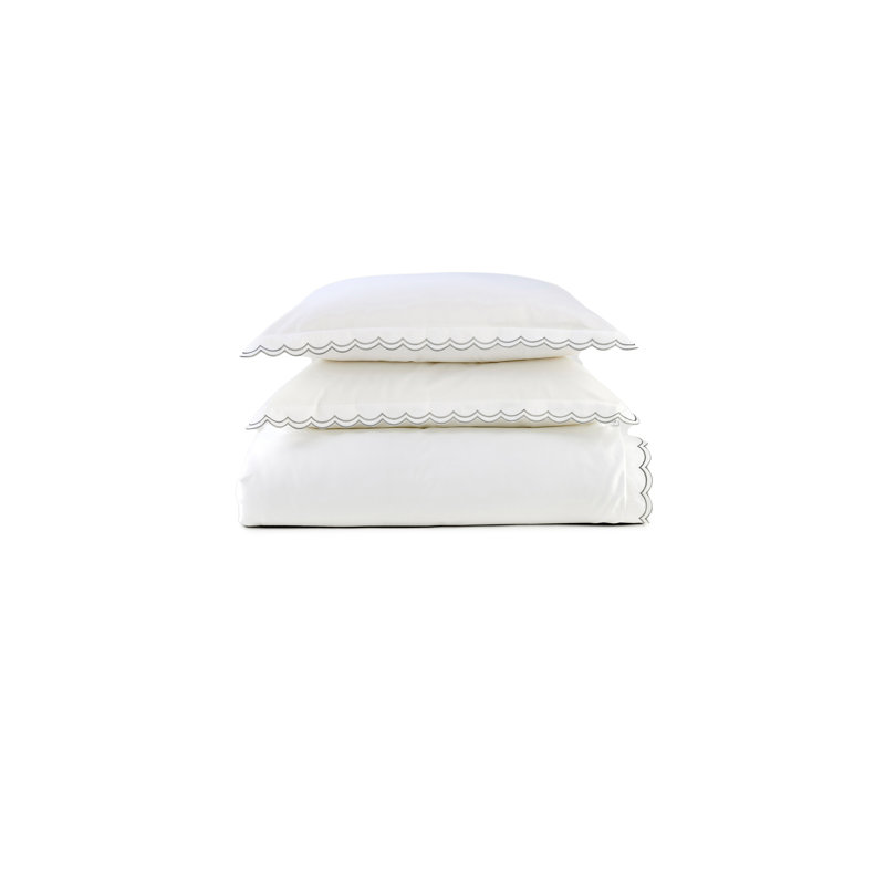 Scallop Edge Duvet Cover Set, Queen Duvet Cover + 2 Standard Pillowcases, Silver/White