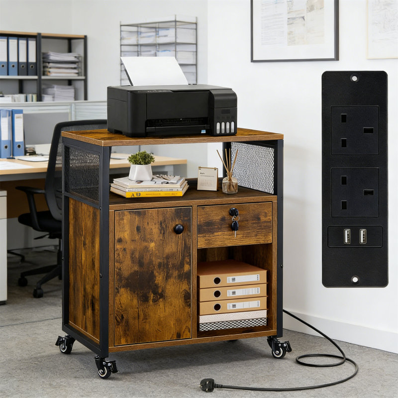 Mobile File Cabinet With Lockable Drawer & Charging Station, Brown