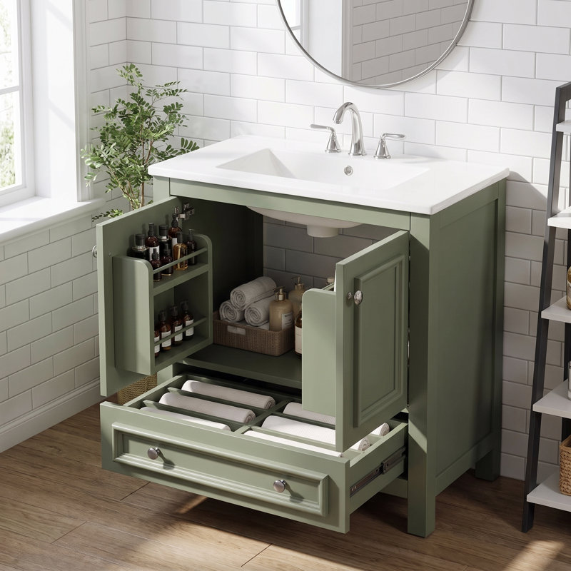 Meuble-lavabo autoportant de 30 po avec lavabo en céramique, Vert