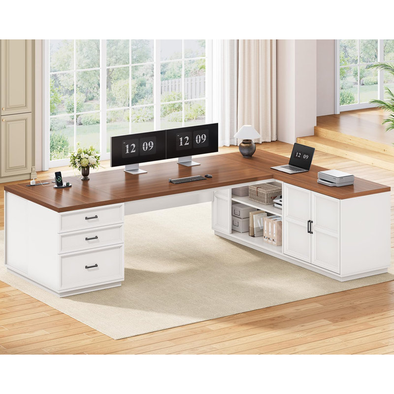 Bureau de direction en L 78,7 po avec station de charge, Brun / Blanc