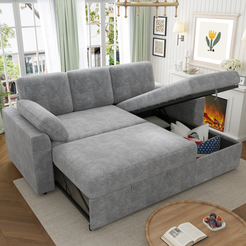 Jilisa 91" Modern 3-Seater Pull Out Sofa Bed - L Shaped Sofa Couch with Storage Chaise, Gray Chenile