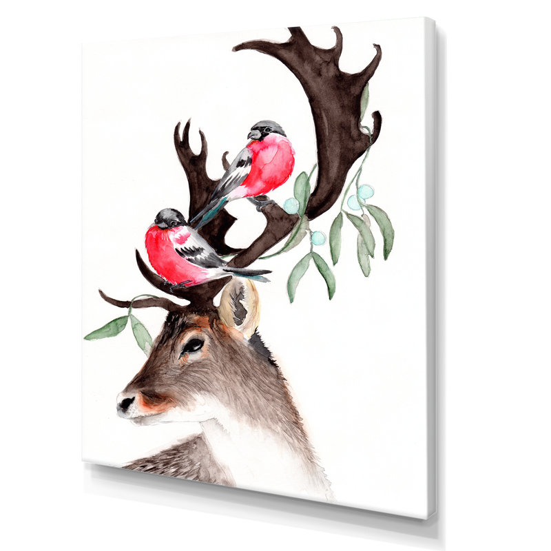 Cerf avec deux bouvreuils rouges - reproduction sur toile, H 40 po x l 30 po, Toile tendue