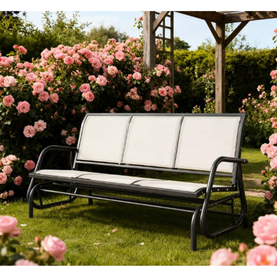 Outdoor Glider Chair With 3 Seats, Breathable Mesh, Metal Frame, Gray, Smooth And Safe Gliding On Patio - Seater Bench, Mesh Fabric, Solid Structure, In Backyard