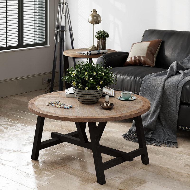 Johana Rustic Farmhouse Coffee Table with Geometric Base, Round French Country Accent Table