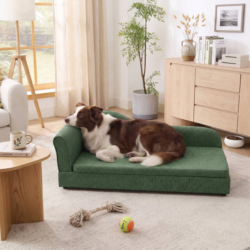Oversized Chaise-style Pet Sofa For Medium & Large Dogs With Wave Backrest, Single Armrest, Removable Cushion & Breathable Linen Fabric