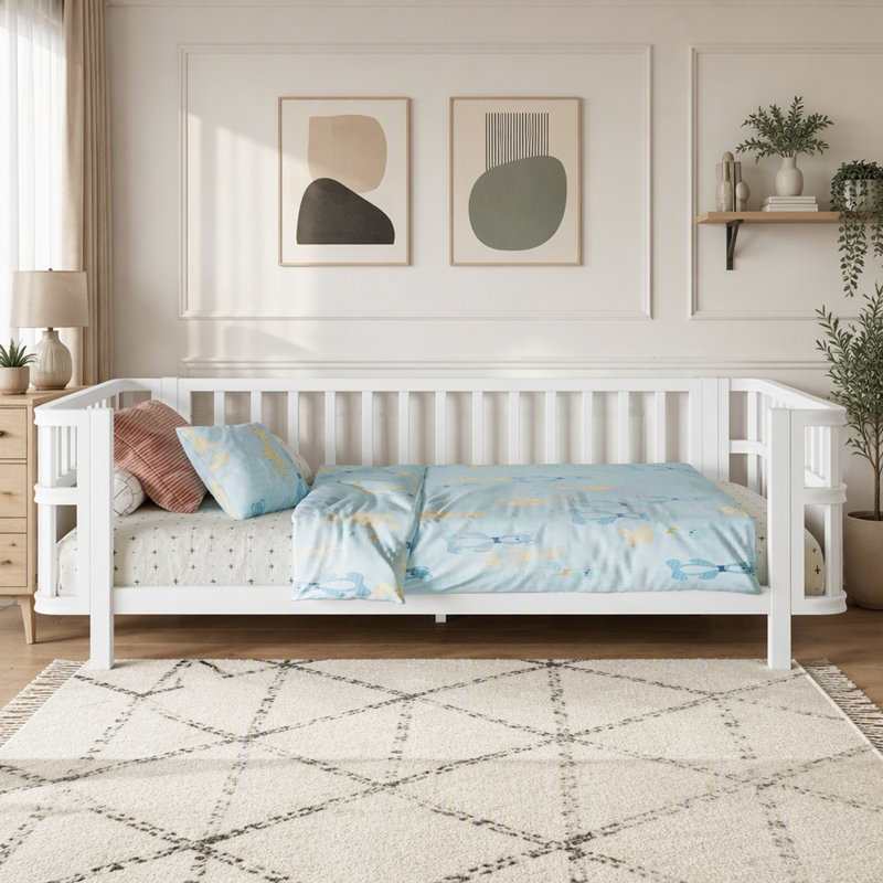 Lit plateforme en bois avec rampes, Lit simple, Blanc