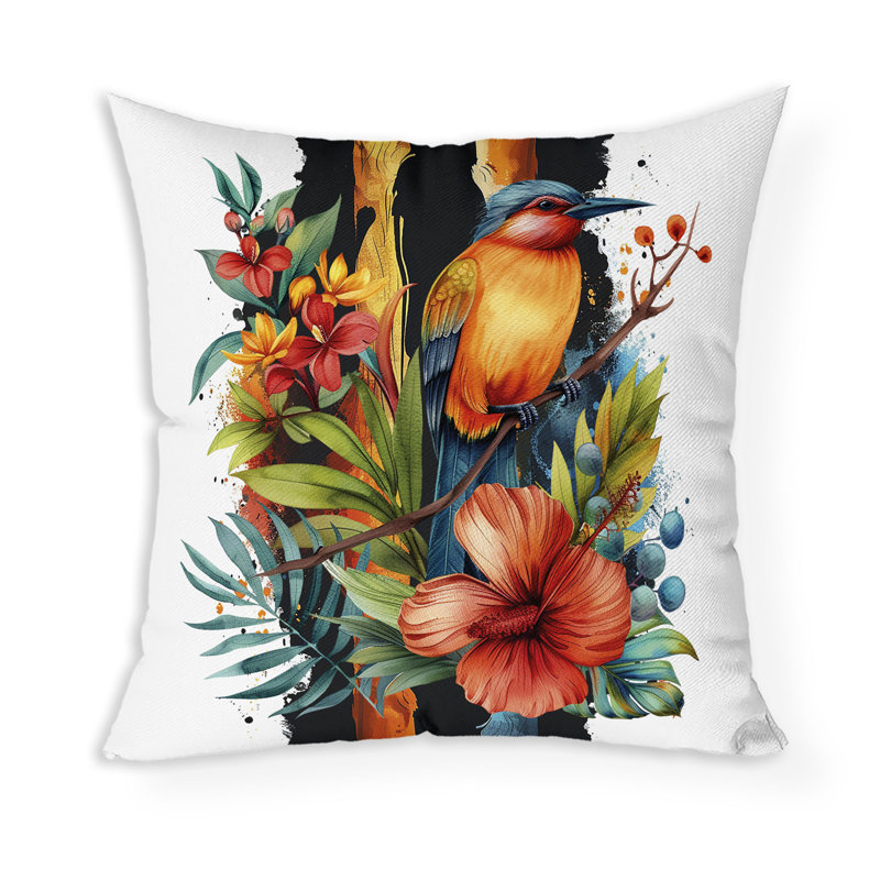 Coussin décoratif intérieur / extérieur Tropical Jungle Bird, Bleu / Orange, H 16 po x l 16 po