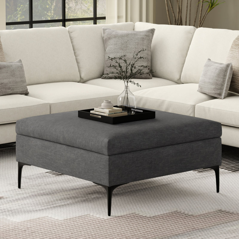 Rebecca 36"W Upholstered Square Coffee Table Storage Ottoman with Lift-Top Lid, Slate Gray