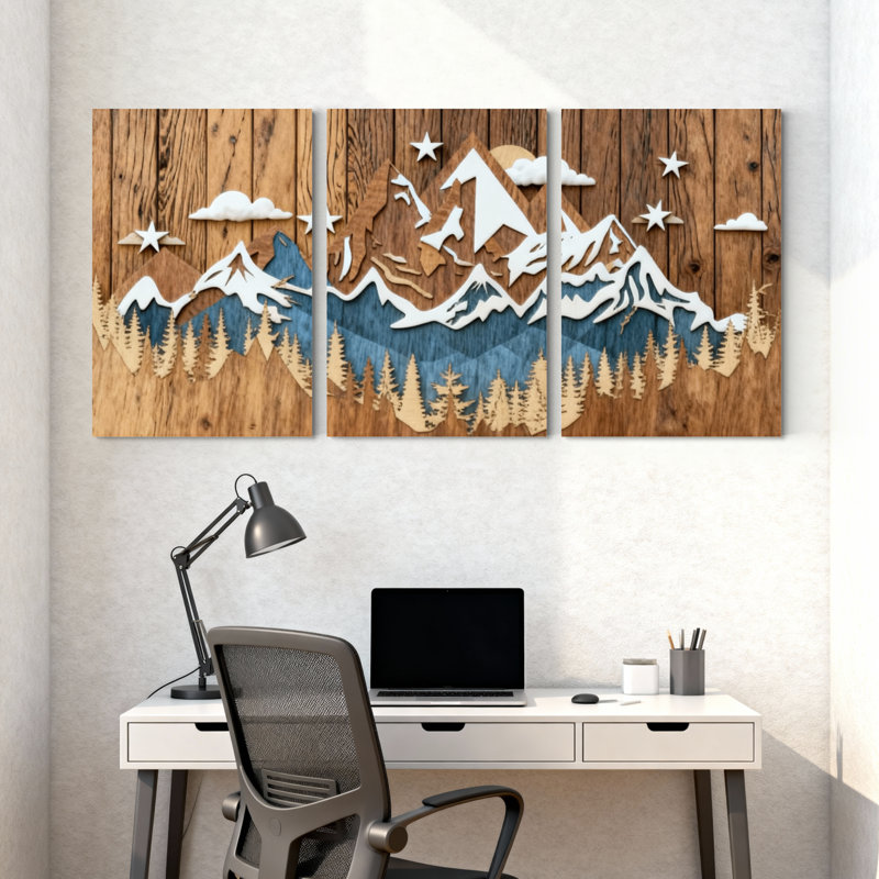 Paysage et nature, paysage de montagne avec arbres et étoiles, ensemble de 3 impressions sur toile, H 18 po x l 36 po