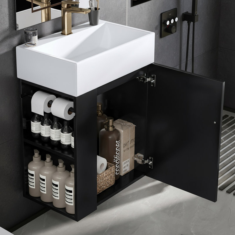 20" Freestanding Small Bathroom Storage with Single Sink, Narrow Compact Vanity with Diamond Pattern Door, Gold Handle, Side Shelves & Towel Bar