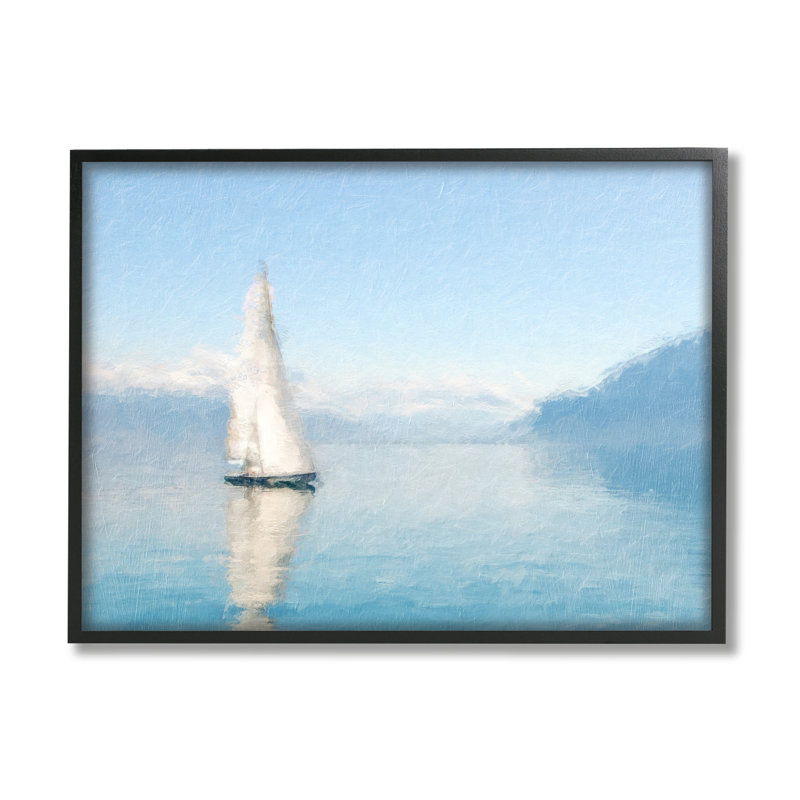 «Blue Ocean Sailboat Sea Reflection» par Kim Curationa - cadre flottant, impression sur bois, Giclée encadrée noir minuit
