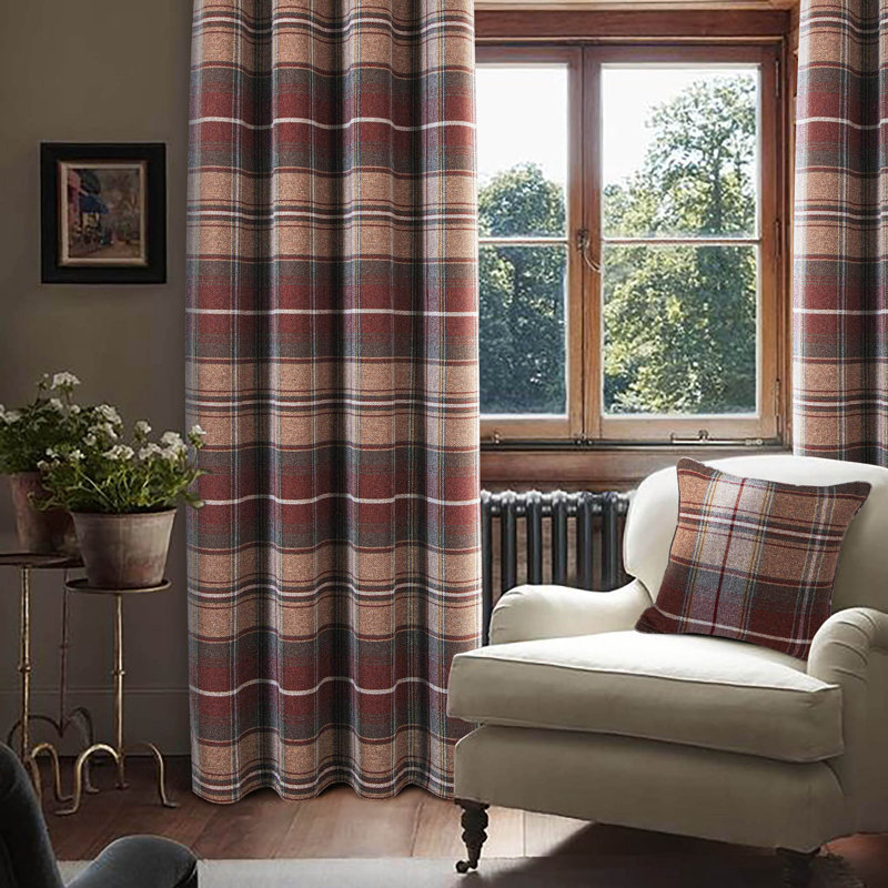  100% Blackout Curtains Check Eyelet Bedroom Tartan Curtain Plaid Brushed Cheque Pair of Highland Woolen Look Window Treatment for Living Room Green 46 * 54 Inches