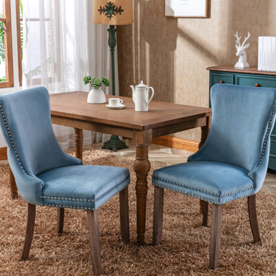 2Pcs Dining Chairs, Blue Velvet Upholstery, Solid Wood Legs, Modern Look, Luxury, Modern, Sw8809lb Chair For Room, Construction, High Back, Nailhead Trim,