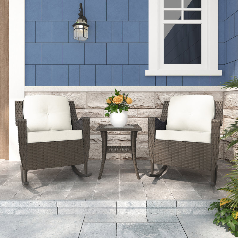 3-Piece PE Wicker Patio Rocker Set - 2 Rocking Chairs & Side Table - All-Weather, UV-Resistant with 4'' Thick Removable Cushions - Perfect for Porch, Deck & Backyard