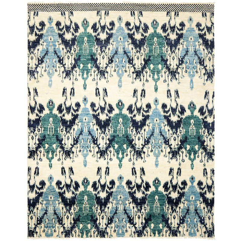 Hand-Knotted Ivory and Navy Wool 8' x 10' Rug