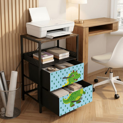 2 Drawers Nightstand with Charging Station, Bedroom Nightstand with USB Ports &amp; Outlets Open Shelf Black, night stand with Cute Green Dinosaur Blue Print