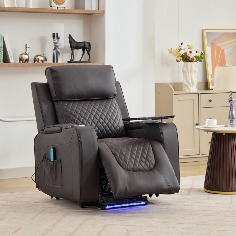 Byron 86 cm Wide Faux Leather Lift Assist Recliner with Massager and Heated Cushion, Brown