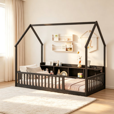 Lit simple au sol avec tablettes de rangement, lumières à DEL intégrées et station de charge, lit en bois de pin avec garde-corps de sécurité, espresso
