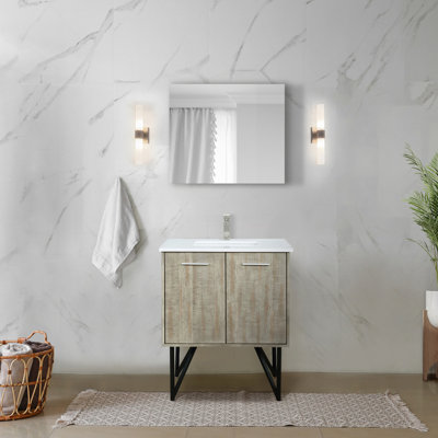 Meuble-lavabo rustique 30 po L, P 20 po, surface en quartz blanc, robinet en nickel brossé et miroir suspendu pleine grandeur de 28 po avec comptoir à teinture, panneau mural de salle de bain
