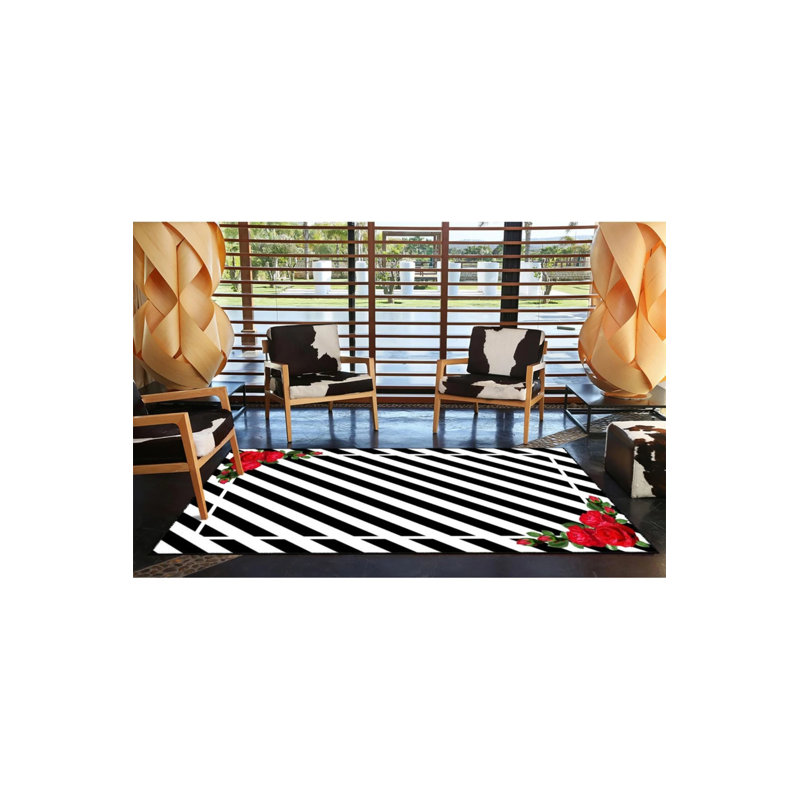 Tapis décoratif à rayures géométriques roses et noires, Rond 4 pi