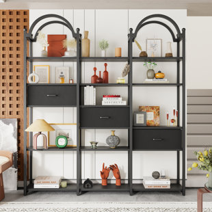 Bibliothèque de 83,5 po de hauteur avec bibliothèque arquée de 6,5 po, bibliothèque étagère avec 3 tiroirs, bibliothèque avec cadre en métal pour le bureau de la chambre à coucher