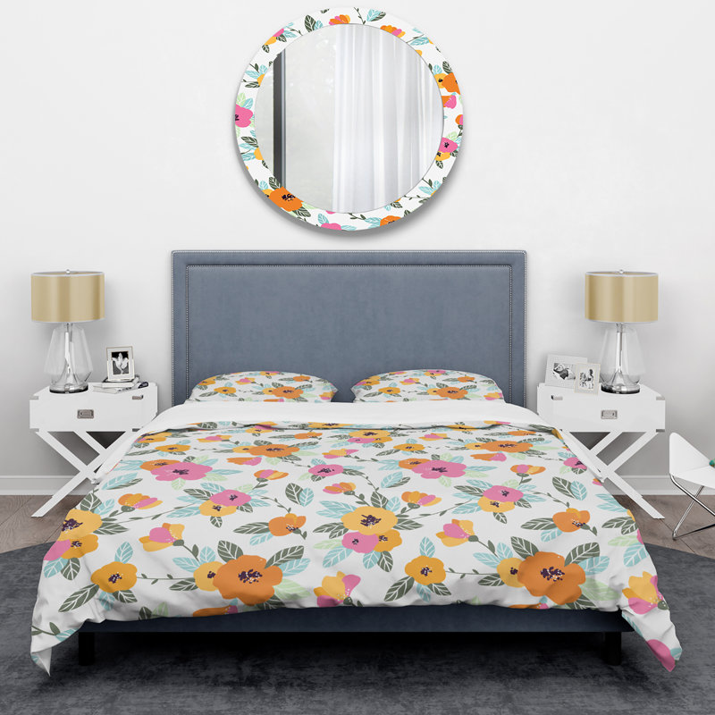 Fleurs orange et roses - Ensemble de housse de couette Cabin & Lodge, Housse de couette pour grand lit et 2 taies décor