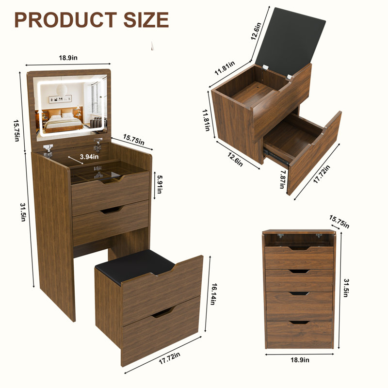 Meuble-lavabo 3-en-1 avec miroir lumineux, table de maquillage et tabouret