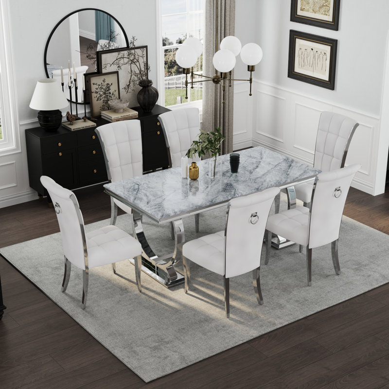 Ensemble de table de salle à manger avec 6 chaises en velours, Argent, 7, Blanc / argent