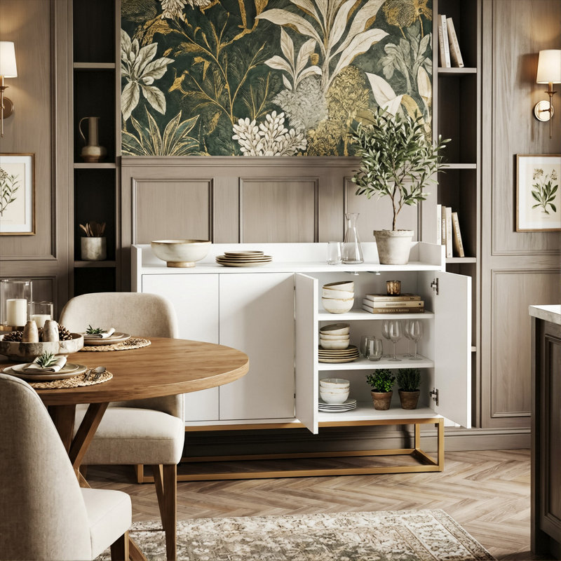 120CM Modern 4-Door Sideboard With Gold Metal Legs, Handle-Free Push-To-Open Buffet Cabinet With Raised Top Edge, White