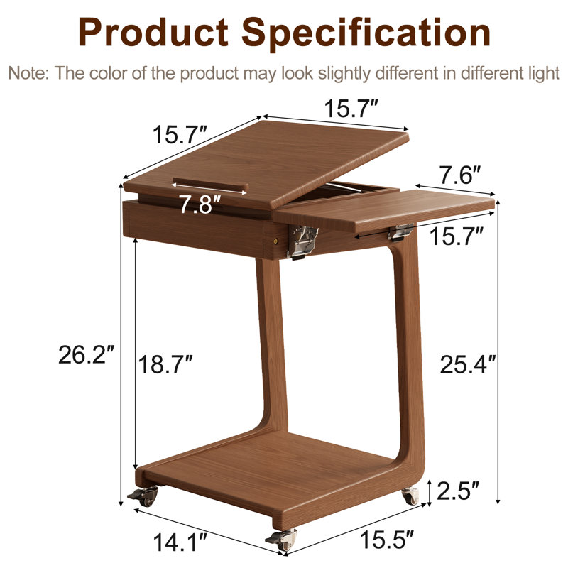  Table de bout inclinable réglable en bois massif avec tablette latérale pliable et roulettes verrouillables, Brun