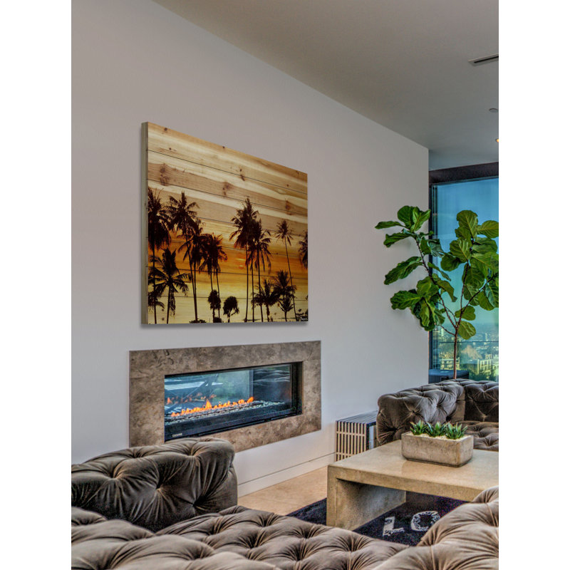«Palms In The Sun» par Parvez Taj, reproduction d'art sur bois de pin naturel, H 40 po x l 40 po x P 1,5 po