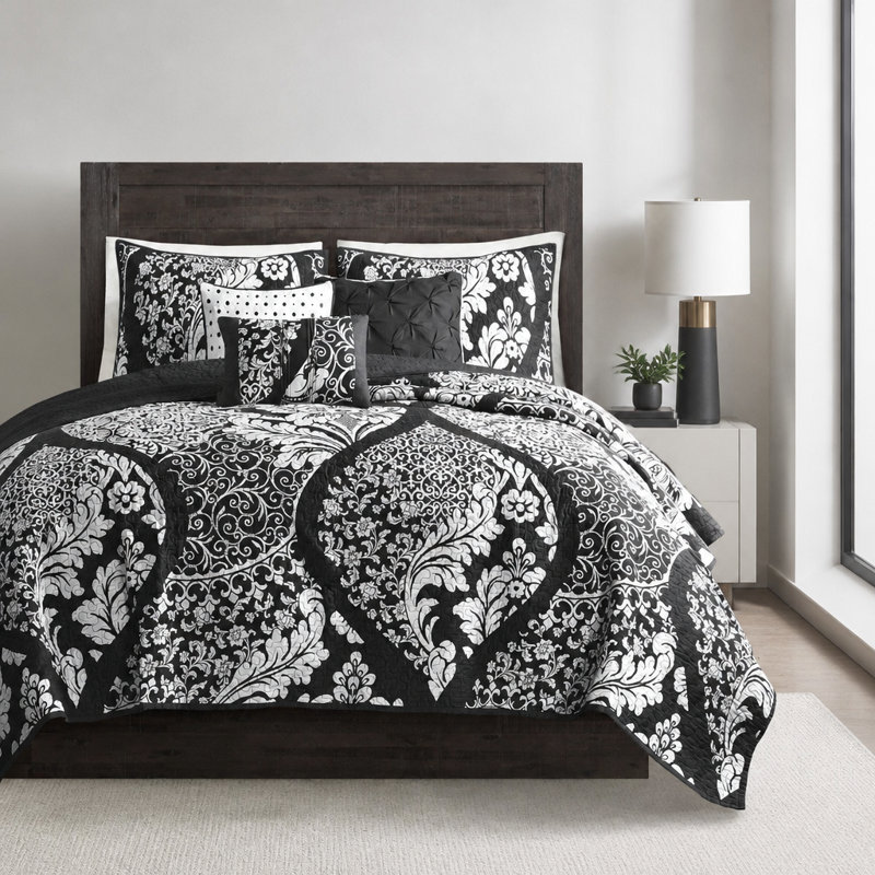 Ensemble de courtepointe en coton 6 pièces avec coussins décoratifs 6 pièces noir