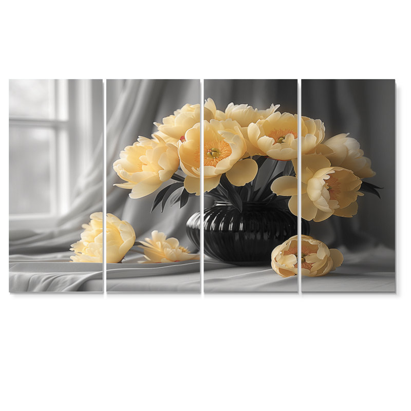 Ensemble d'art mural sur toile jaune et gris avec pivoines rétro, H 28 po x l 48 po