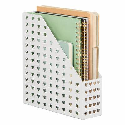  Vertical File Holder, Metal Magazine Organizer with Heart Cutout Design, Desktop Document Storage, Non-Skid Base, White