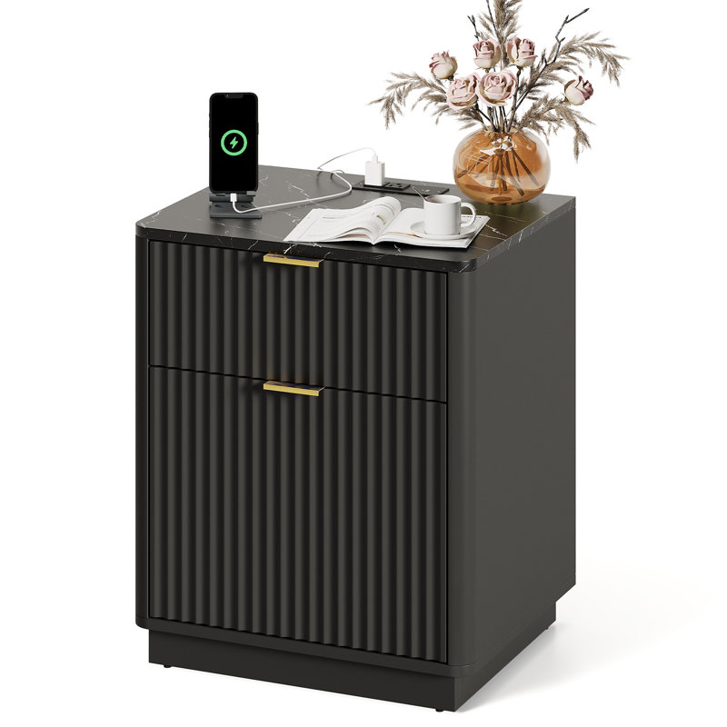 Valerica Fluted Nightstands with Charging Station, Black